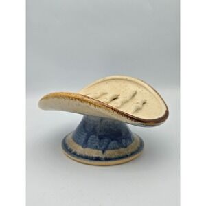 Vintage Art Pottery Pedestal Soap Dish Drip Glaze Blue Earth Tones Stoneware
